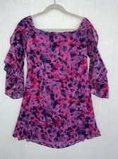 H by HALSTON Crimson Floral Chiffon Off the Shoulder Dress Ruffles Lined Size L