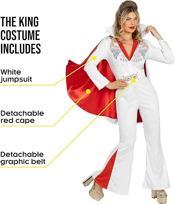 Women`s Elvis Rockstar Costume The King Las Vegas Disco Jumpsuit S-XL Halloween - Image 2 of 4