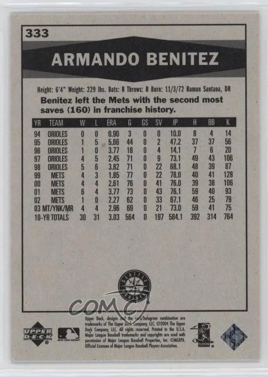 2004 Upper Deck Vintage Traded Armando Benitez #333 - Image 2 of 2