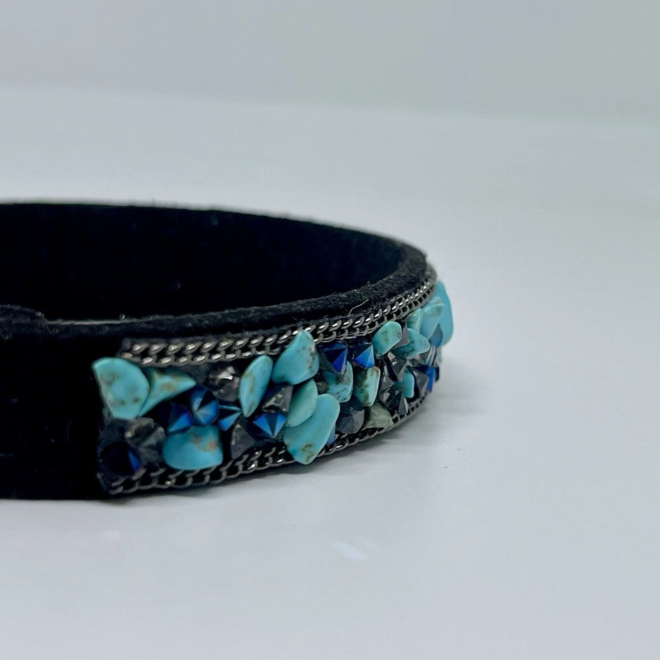 Turquoise Gemstone Silver Sparkly Black Suede Cuff Bracelet Artisan Snap Adjust - Image 3 of 4