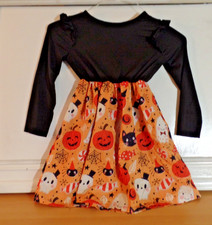 Girls Orange  Black Halloween Dress Pumpkin Ghost Cat Design Size 7-8 yr