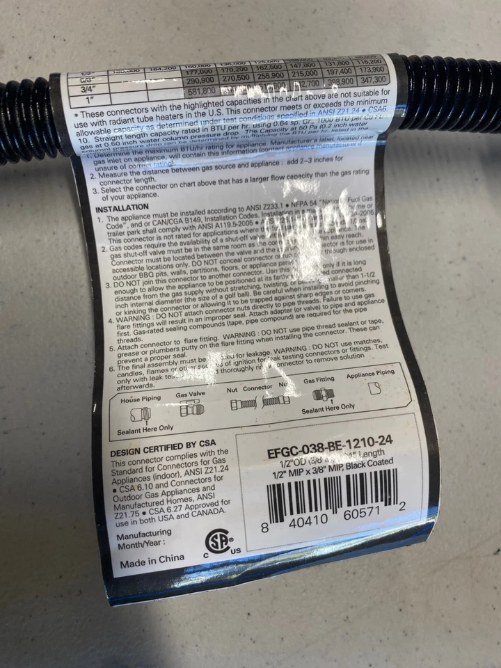 24" Gas Connector 1/2" MIP x 3/8" MIP , 3/8 ID Black + Test Gauge - Image 4 of 4