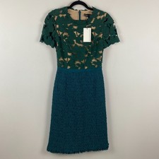Oscar de la Renta A-Line Midi Dress Womens 4 Green Teal Lace Short Sleeve