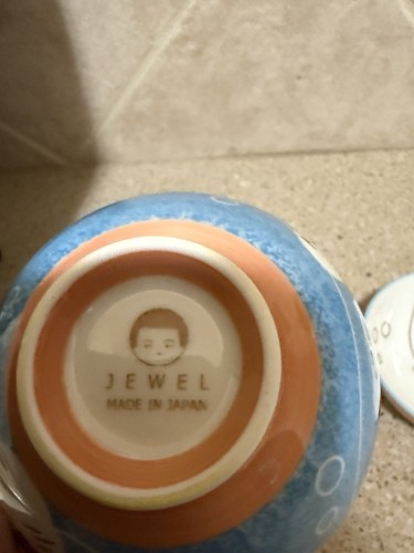Jewel Japan Set of 2 Rice Bowls Owl Design 4 3/4" Blue and Peach Hand painted - Picture 2 of 10