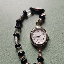 Women  s Quartz Analog Beaded Bracelet Wristwatch White Dial Arabic Silver SS