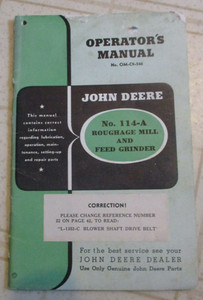 John Deere 114-a Roughage Mill & Feed Grinder Operators Manual Original!