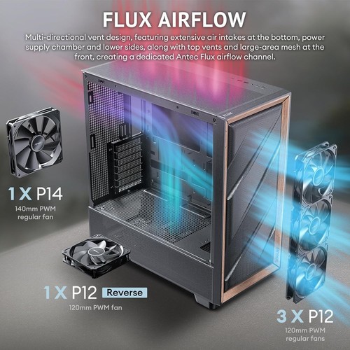 Antec FLUX Wood, 5 x PWM Fans Included, High-Airflow Panel With Walnut Wood - Picture 7 of 7
