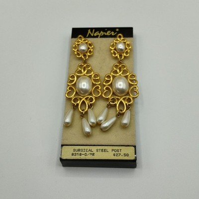 Napier Vintage Gold Tone Pearl Dangle Stud Earrings