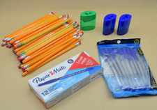 LOT OF PEN, PENCILS  SHARPENER SCHOOL SUPPLIES