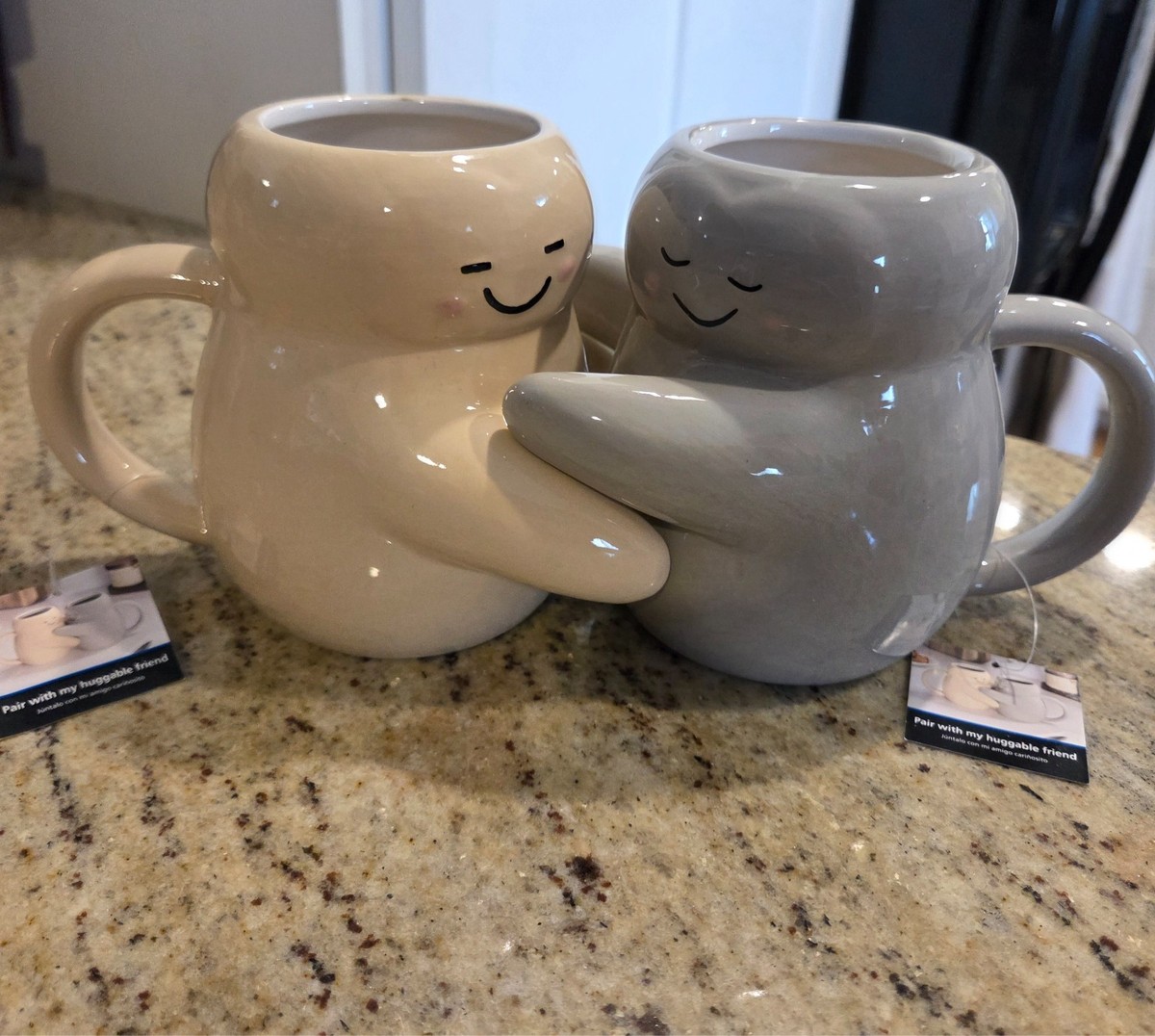 New! Set of 2 Mainstays Cream & Gray Sculpted Hug Hugging Ceramic