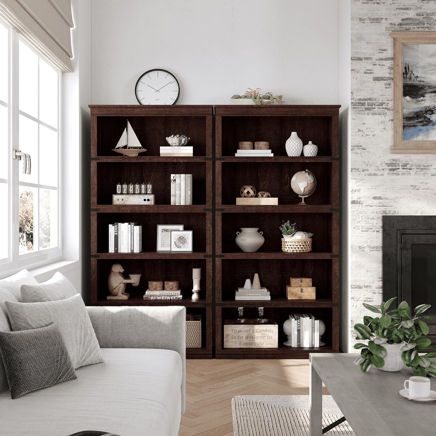 5 Tier Farmhouse Bookcase, 67" Tall Book Shelf with Storage Open Display Shelves