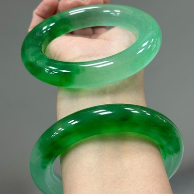 2PCS round Nature ice green&aqua Burmese Jade jadeite lucky bracelet bangle 60mm