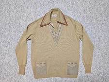 vintage 1960s wool sweater ITALY made M leather trim WIDE LAPEL richman brothers