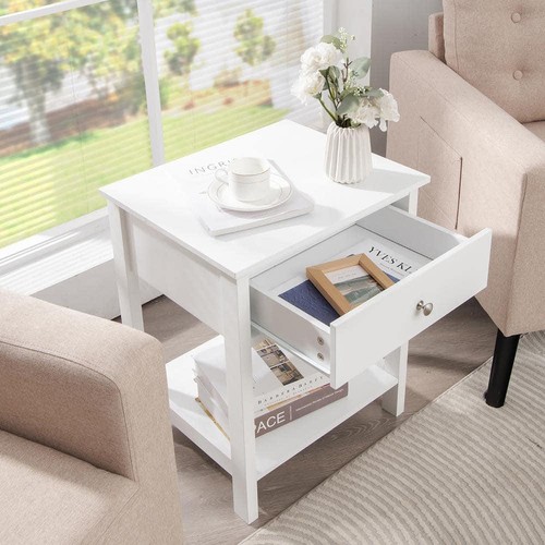 Costway Mesita de Noche Blanca de 1 Cajón con Cajón Estante de Almacenamiento Sofá de Madera - Imagen 5 de 9