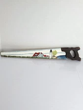 Vintage Hand Painted Wood Saw Magnet Lighthouse Scene 12” Beach House Decor