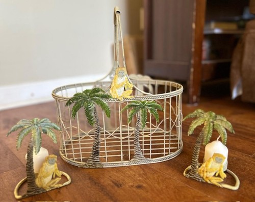 Vintage Metal Monkey and Palm Tree Candle Holders with Basket