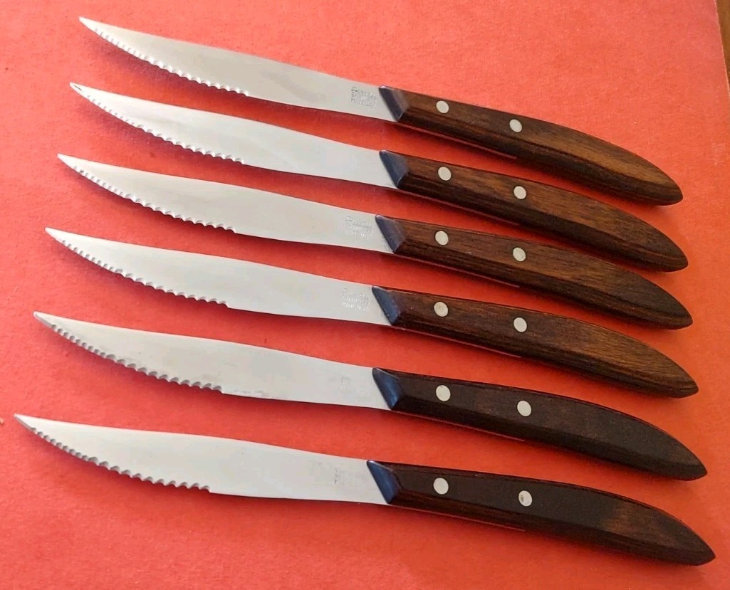 6 Russell Serrated Steak Knives Rosewood Handle USA MCM Rack Orig Box Dexter