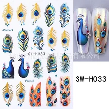2Pcs Cartoon Peacock Feather Nail Stickers Decals Peel Off Self-Adhesive NH30