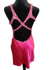 La Femme Pink Satin Beaded CrissCross Back Babydoll Mini Dress 6 Glam Prom Party