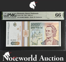 Romania Banca Nationala 1000 Lei 1993 P 102 LOW SERIAL NO. 803 UNC PMG 66 EPQ