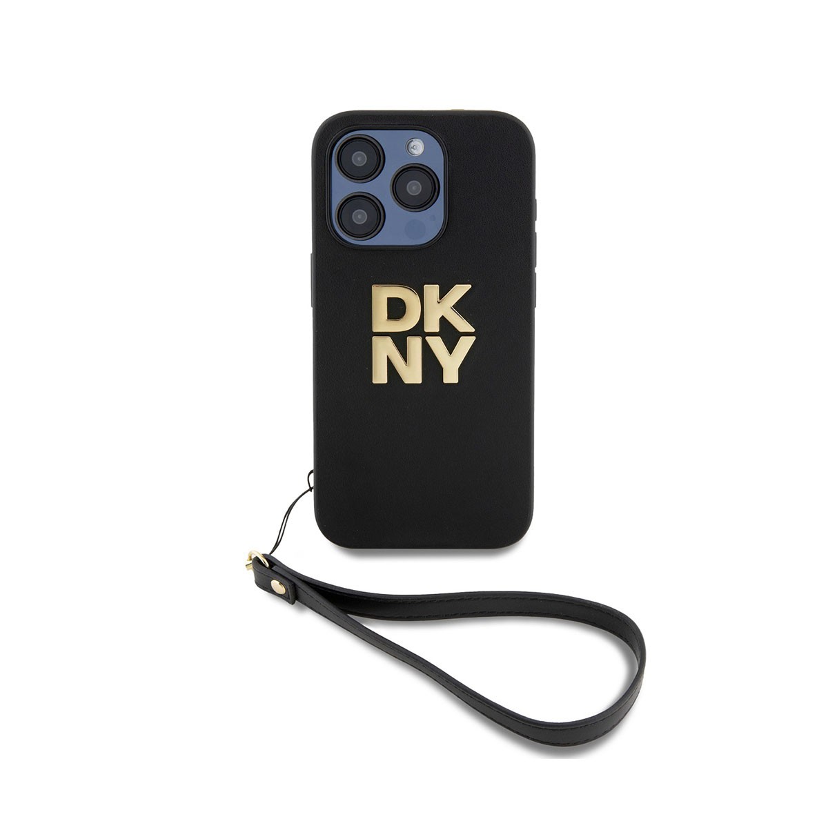 Coque iPhone 15 Pro DKNY logo metallique et laniere de protection amovible