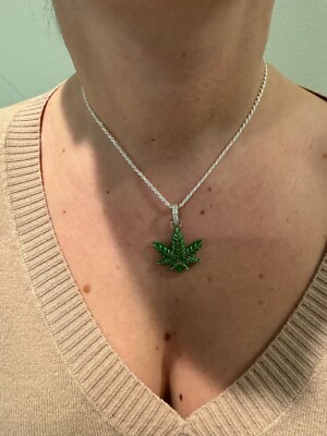 MOISSANITE DIAMOND CANNABIS WEED LEAF PENDANT IN STERLING SILVER - IVORY & EBONY MOISSANITE DIAMOND CANNABIS WEED LEAF PENDANT IN STERLING SILVER - IVORY & EBONY