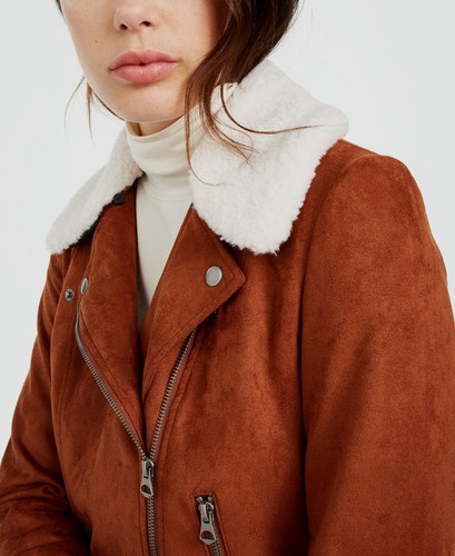 $489 French Connection Women's Brown Faux Shearling Zip Moto Jacket Coat Size 2 - Picture 3 of 3