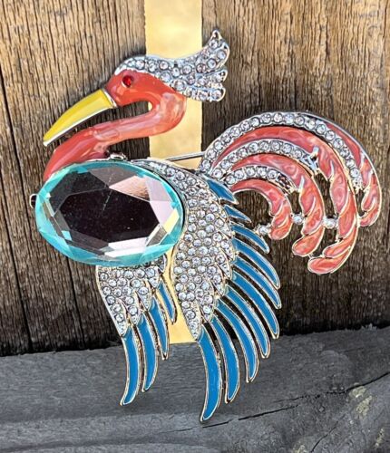 Broche vintage perroquet paon oiseau bleu cristal strass épingle émail rose cygne - Photo 1 sur 12