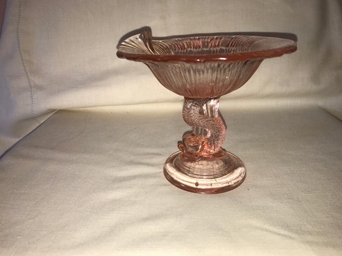 RARE VINTAGE PINK DEPRESSION STEMMED CANDY DISH W/ KOI DRAGON FISH HOLDING BOWL