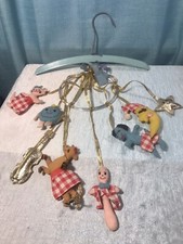 Vintage 1960s Nursery Rhyme Animals Felt Crib Mobile Cow Moon Spoon Kitten Plate