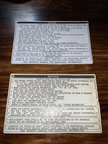 1996-2002 Toyota 4Runner Sun Visor Card Transfer Case Instruction VSC Tires #43 - Picture 2 of 3