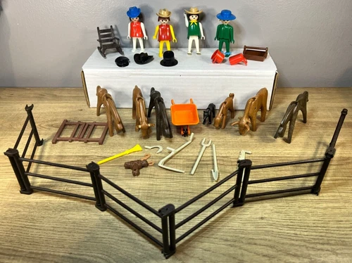 1974 - Geobra Playmobil - Vintage Lot - Horses, Tools, Fences, Figures - VG