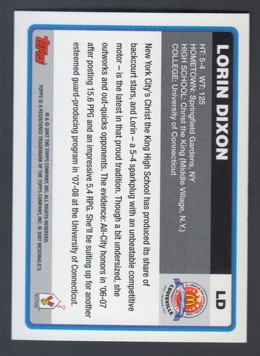 2007 TOPPS MCDONALDS LORIN DIXON #LD ROOKIE MINT RARE 1ST CARD EVER MADE HTF - Picture 2 of 2