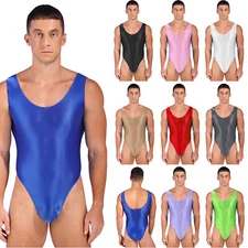 Men Glossy High Cut Mankini Sleeveless Bodysuit Bodybuilding Singlet Jockstrap