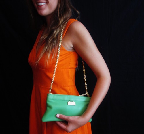 KATE SPADE NEW YORK SMOOTH GREEN LEATHER CHAIN Evening Handbag PURSE CLUTCH BAG - Picture 8 of 12