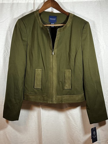 Doncaster Damen Jacke Größe 14M grün durchgehender Reißverschluss Lederbesatz neu mit Etikett - Bild 1 von 8