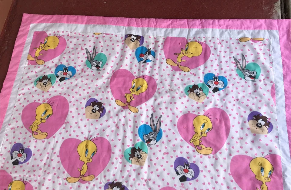 复古 1994 年 LOONEY TUNES 华纳兄弟 Blanket Tweety Taz Bugs粉色被子 — 第 3/4 张图片