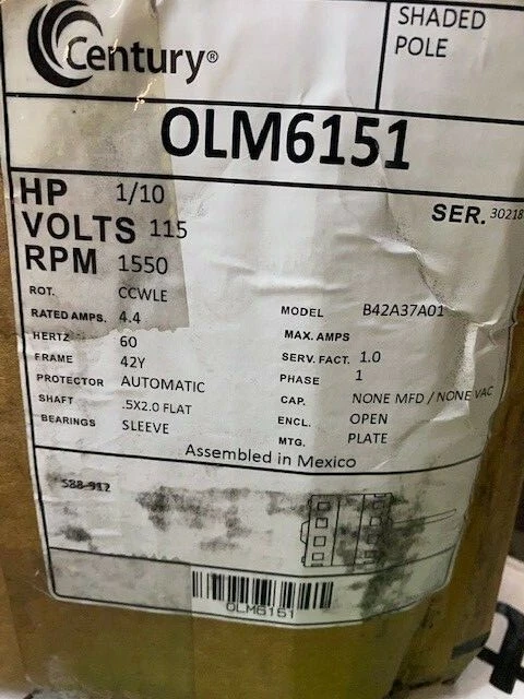 Lomanco Power Vent Attic Fan Motor 1/10hp 1550 RPM 115V Century # OLM6151 |  eBay