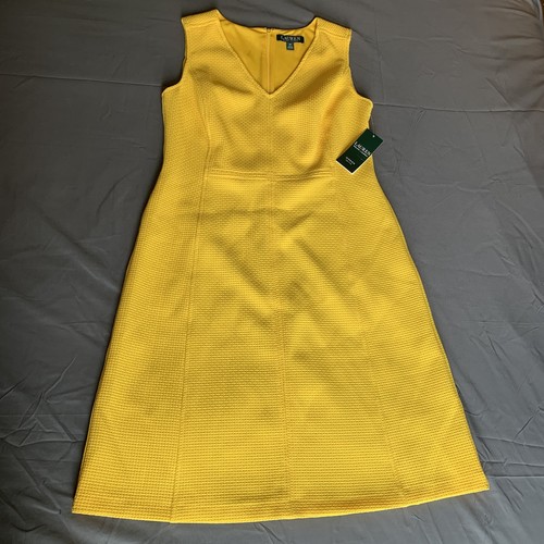 NWT Lauren Ralph Lauren Dress 6 Petite Lemon Yellow V Neck Fit Flare Event New