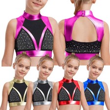 Kids Girls Bra Latin Crop Top Modern Vest Athletic Shirts Color Block Costume