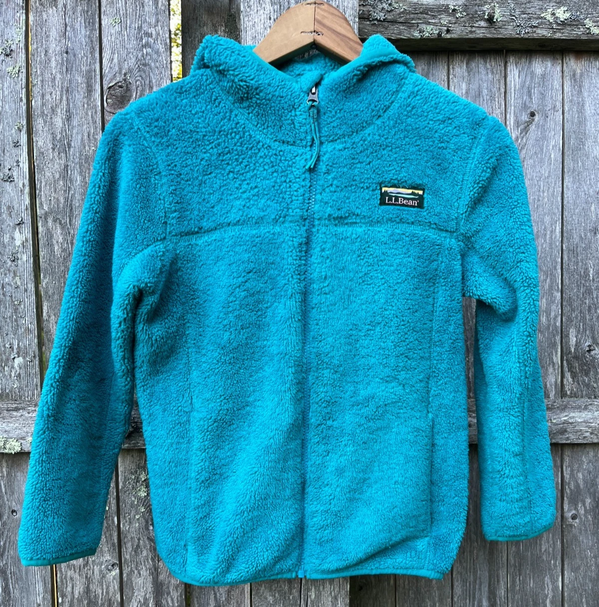 LL BEAN Jacket Girls M 10 12 Blue Hi Pile Fleece Full Zip Hooded Pockets
