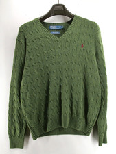 Vintage Polo Ralph Lauren Mens XL Cable Knit Tussah Silk V-Neck Sweater Green