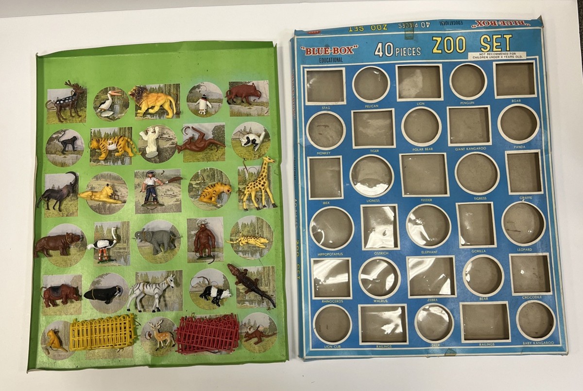 Vintage Blue Box 40 Pieces Zoo Set Farm Animal Toys Educational