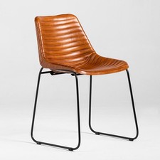 Deluxe Dining Chair Tan Ribbed Genuine Leather Seat Black Metal Industrial Base