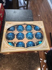 Vintage Assorted Shiny Brite Blue Glass Ornaments In Box Set Of 12 