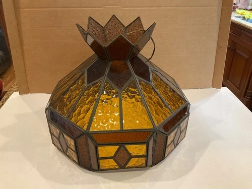 Vintage Tiffany Style Slag Stained Glass Chandelier Hanging Lamp AMBER