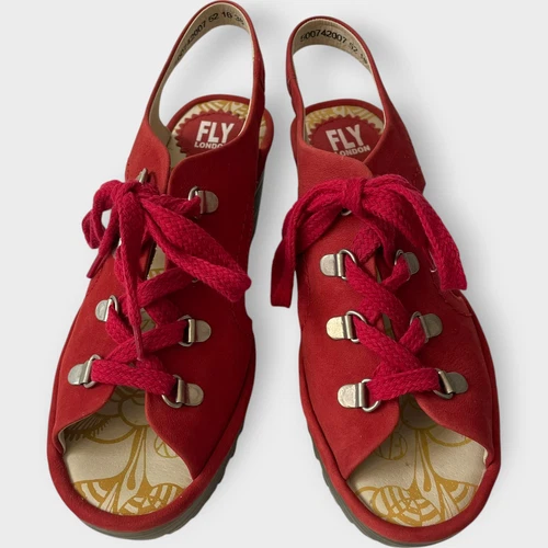 Fly London YLVA Sandals Wedge Leather Suede Red Lace Up Size 38 US Size 8 - Picture 3 of 8