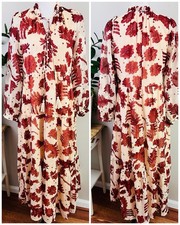 Polagram Cream & Red Big Rose Print Woven Flowy Maxi Dress Boho Prairie Small