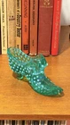 Vintage Fenton Emerald Green Opalescent Hobnail Uranium Cat Head Shoe Slipper