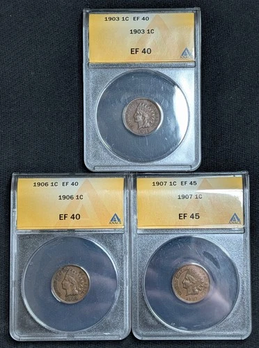1903 1906 1907 EF40 XF40 EF45 XF45 Set Of 3 Indian Head Cent Penny ANACS
